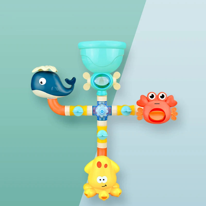 A colorful bath toy set featuring a sliding duck, a clear funnel, and a yellow rubber duck.