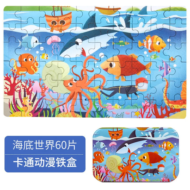 Wooden Jigsaw Puzzle Set for Kids - 60 Pieces of Cartoon Vehicles & Animals