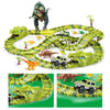 A green plastic dinosaur track set featuring various dinosaurs and a toy car.
