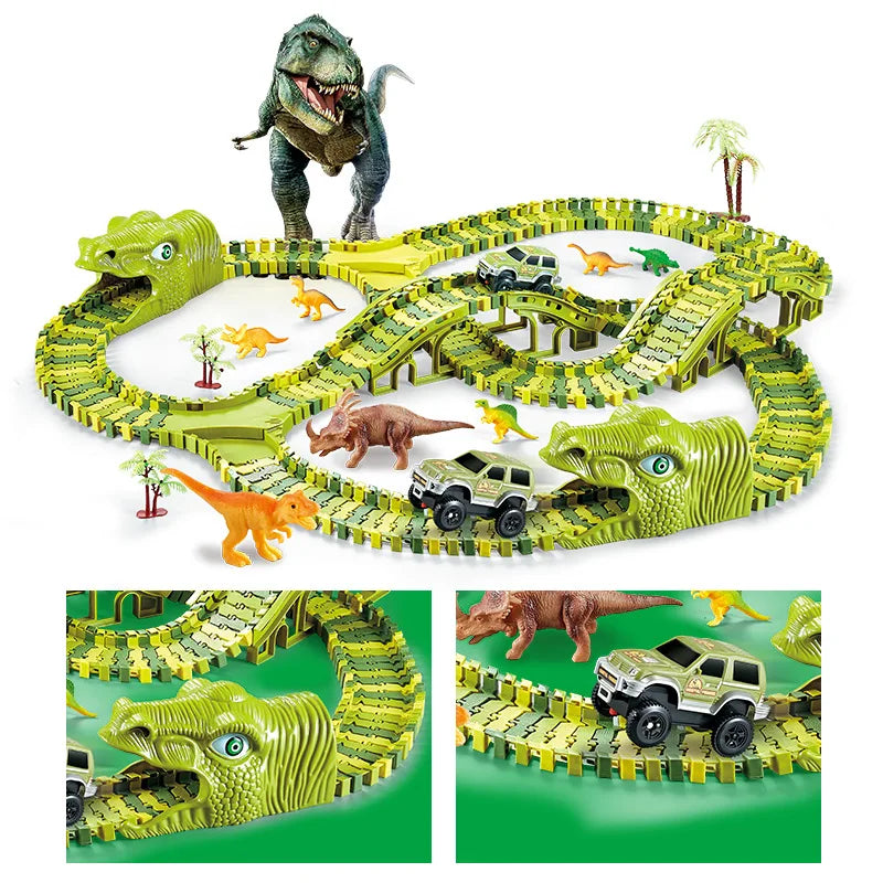 A green plastic dinosaur track set featuring various dinosaurs and a toy car.