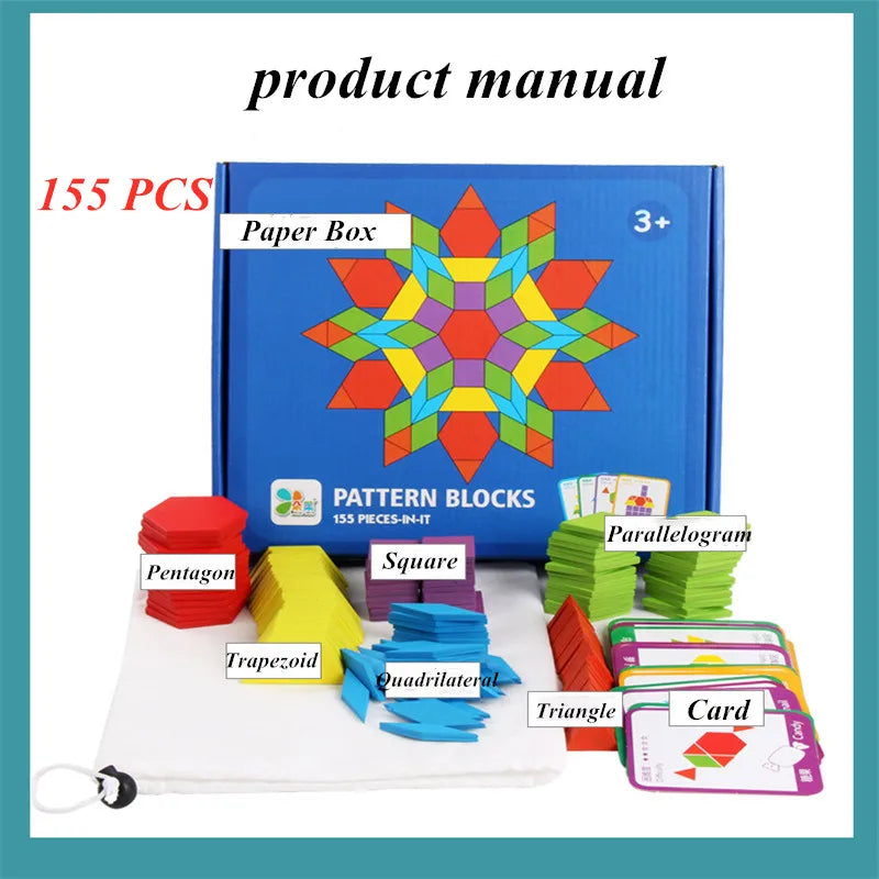 Wooden Pattern Blocks Set – 155-Piece Educational Shape Puzzle for Kids