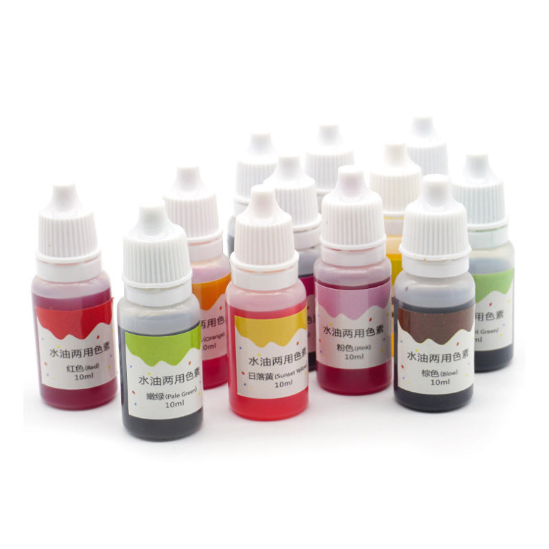 A set of natural liquid soap colorants in various shades including red, orange, and green bottles.
