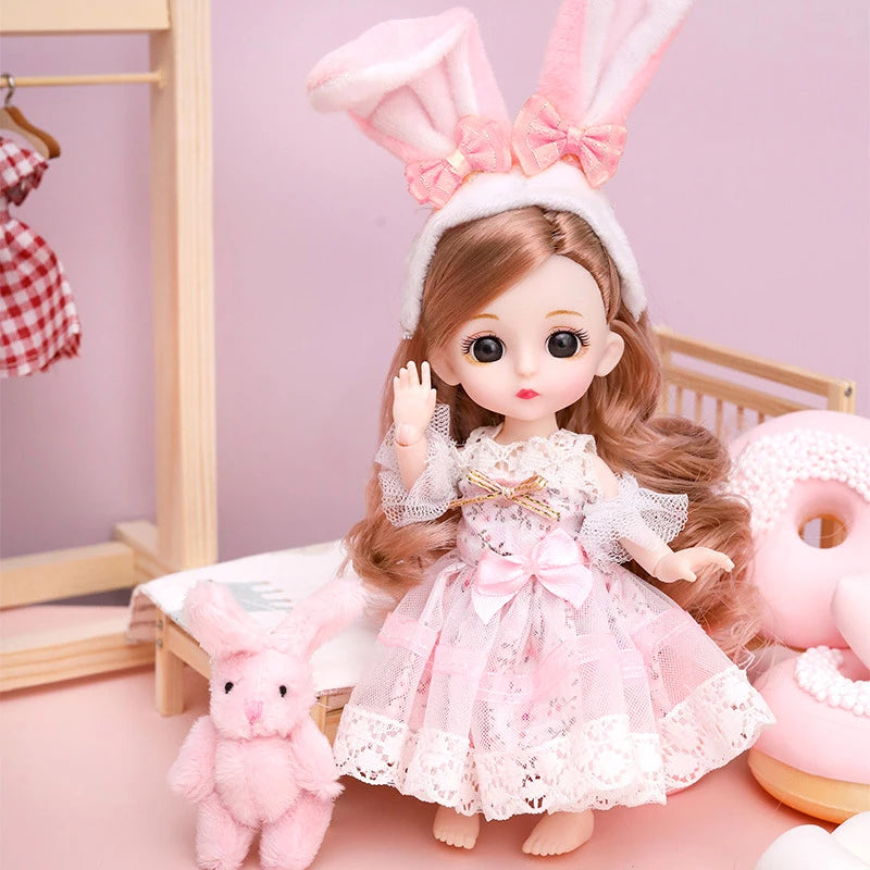 16cm Articulated Fashion Doll with Big Eyes and Dress-Up Outfit