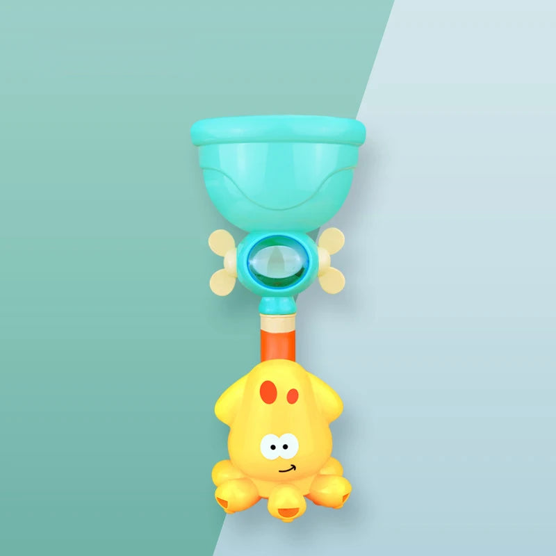 A yellow rubber duck toy set with a blue plastic funnel and sliding tracks against a light green background.
