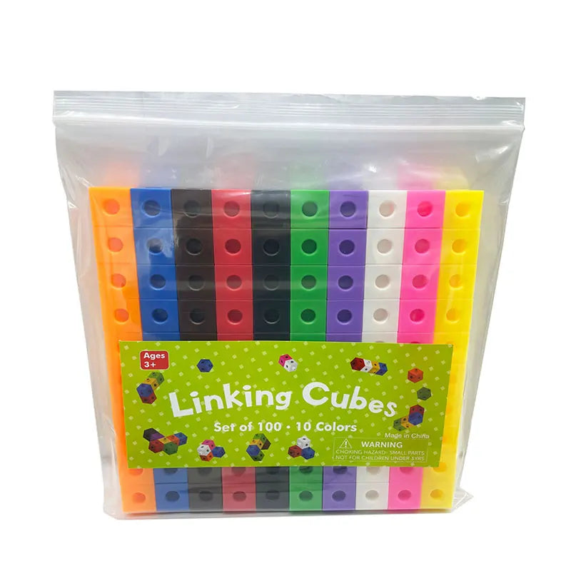A clear plastic bag containing a set of 100 linking cubes in various colors like blue, red, green, and purple.