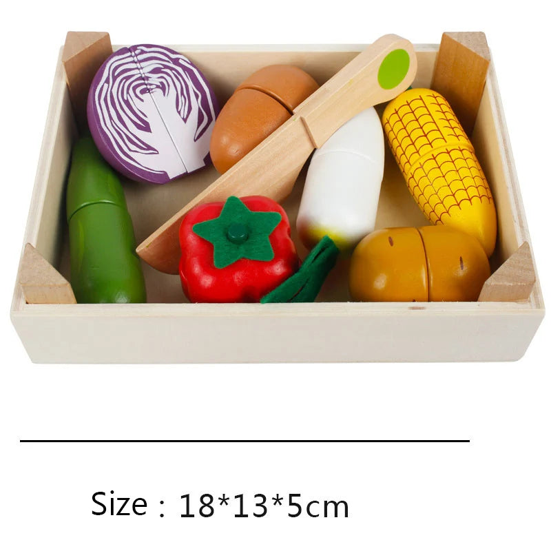 Wooden magnetic fruit and vegetable cutting play set featuring various colored fruits and vegetables like corn, tomatoes, and