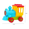 A colorful city traffic vehicle building blocks set featuring a blue train and a yellow truck with wheels.