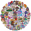 A collection of colorful psychedelic mushroom vinyl stickers in various shapes and sizes.
