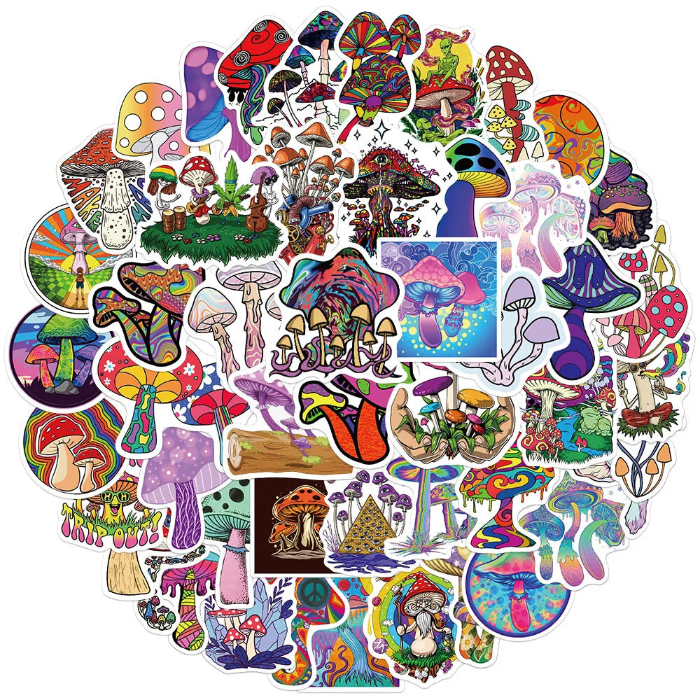 A collection of colorful psychedelic mushroom vinyl stickers in various shapes and sizes.