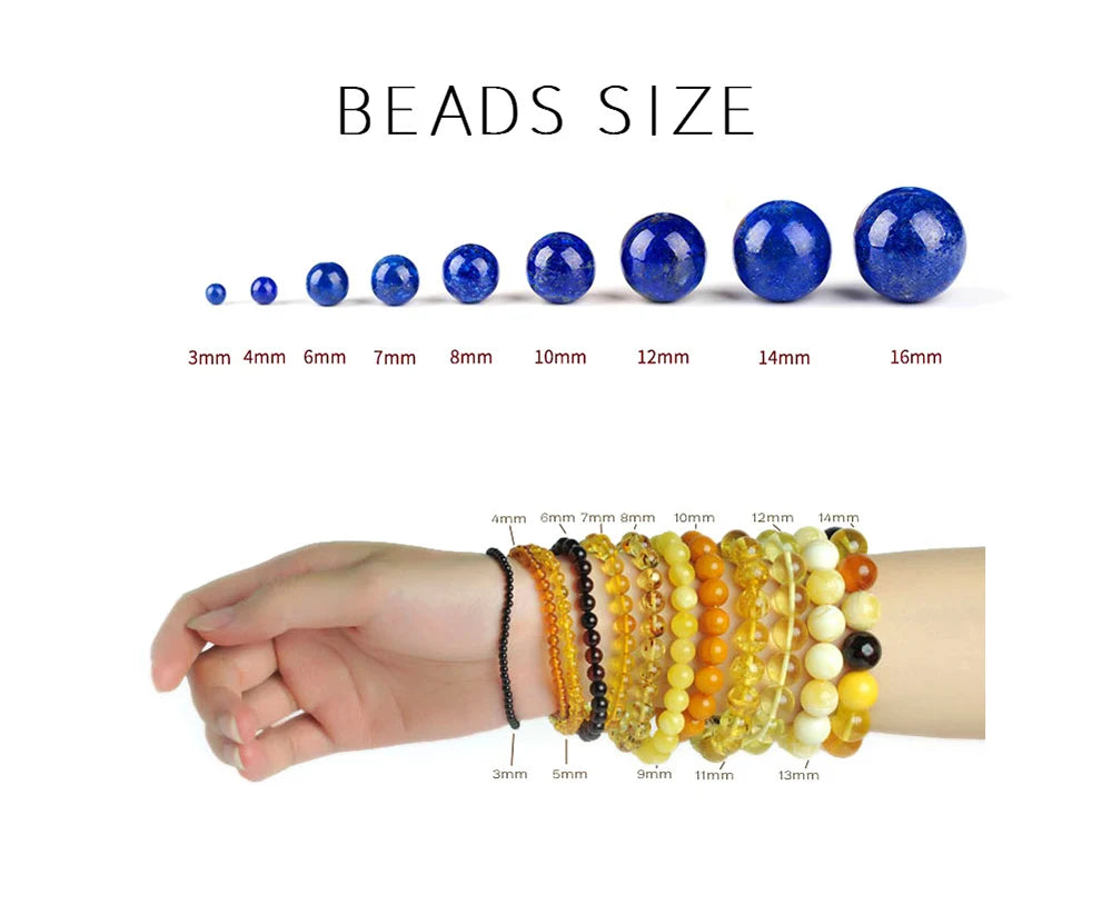 A display of round blue spacer beads in various sizes ranging from 3mm to 16mm, shown next to a hand wearing multiple strands
