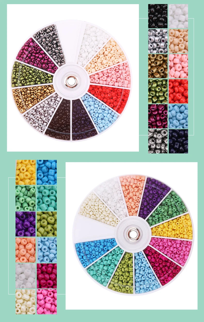 A circular display of 12 colors of glass seed beads arranged in a wheel for DIY jewelry making.