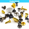 A collection of various metal double cap rivets in gold, silver, and black finishes.