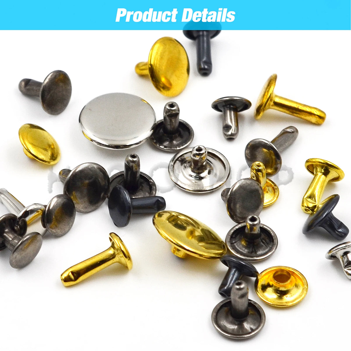 A collection of various metal double cap rivets in gold, silver, and black finishes.