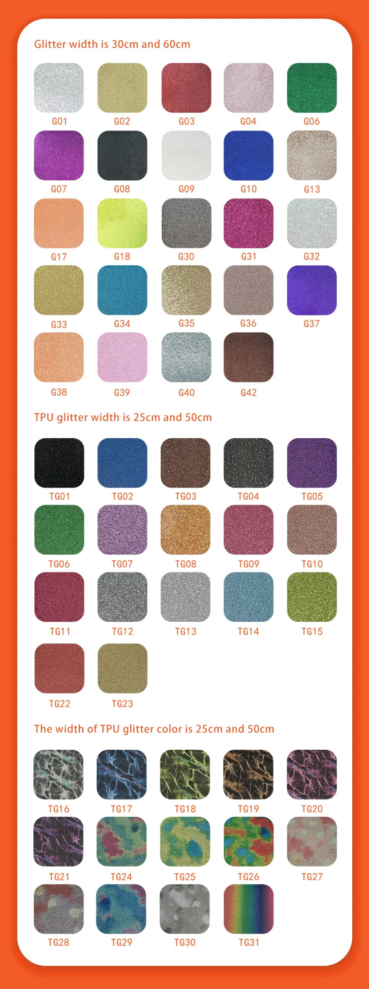 A collection of heat transfer vinyl colors and glitter widths including TPU and standard options.