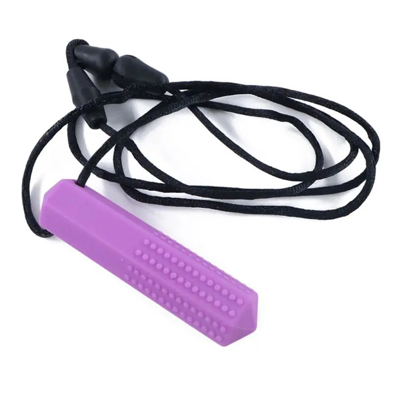 Purple silicone chew necklace with a black cord and textured silicone piece for teething