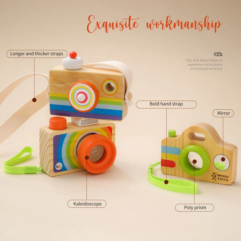 A wooden camera teether toy with colorful parts and strips for babies.