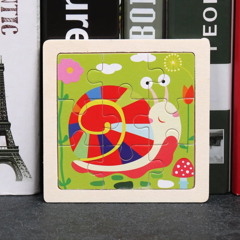 A wooden tangram puzzle featuring a colorful animal design on a green background.