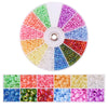 A circular display of 12 colors of glass seed beads arranged in a radial pattern for DIY jewelry making.