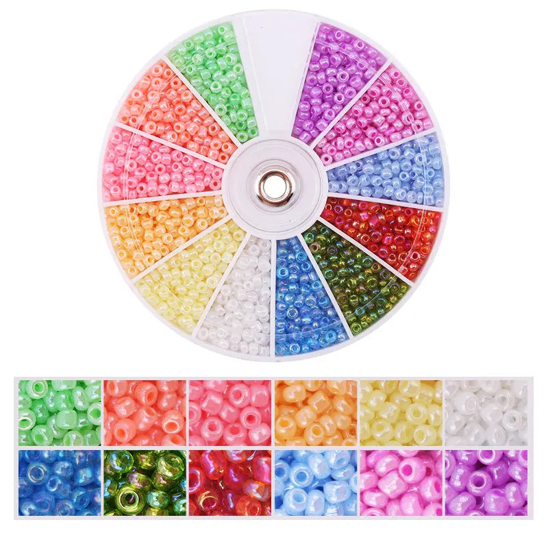 A circular display of 12 colors of glass seed beads arranged in a radial pattern for DIY jewelry making.