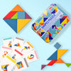 A colorful wooden animal tangram puzzle set featuring various geometric shapes and a wooden animal figure.