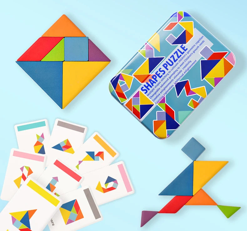A colorful wooden animal tangram puzzle set featuring various geometric shapes and a wooden animal figure.