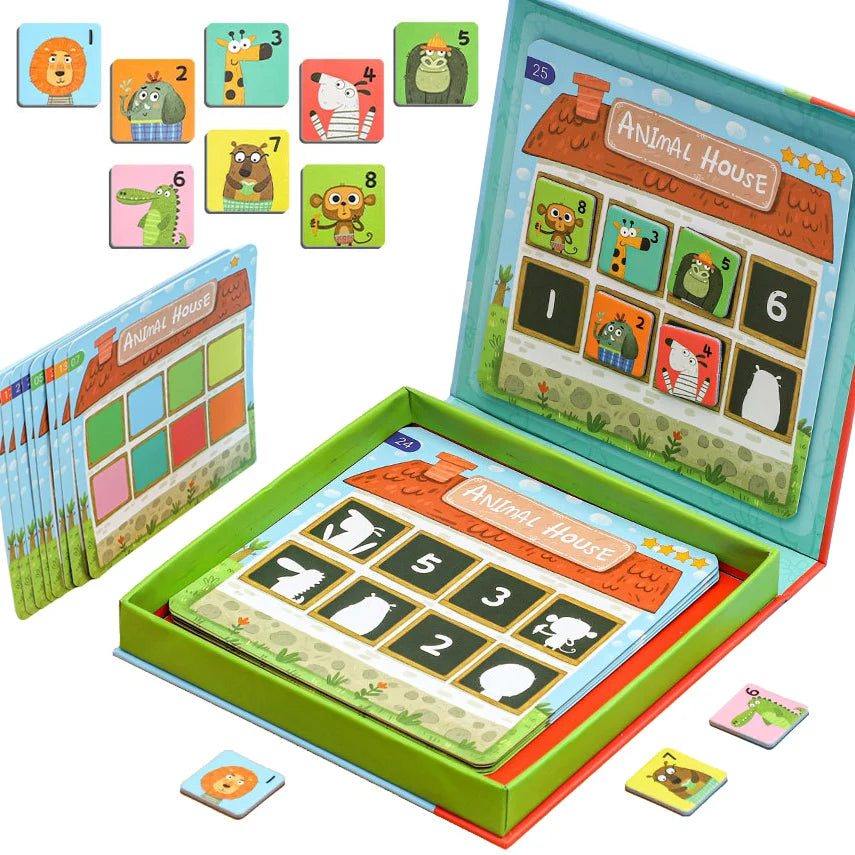 A set of magnetic animal and number matching game cards in an open box with various animal figures and numbers.