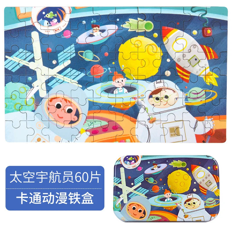 Wooden Jigsaw Puzzle Set for Kids - 60 Pieces of Cartoon Vehicles & Animals