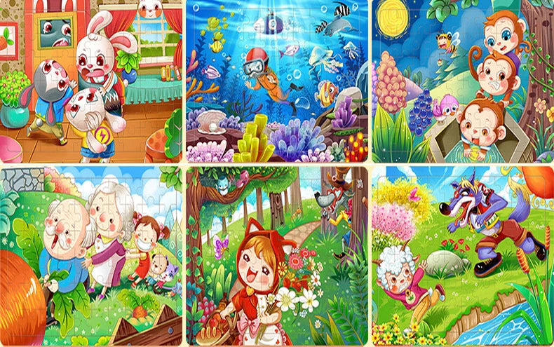 A collection of colorful wooden cartoon jigsaw puzzles featuring various animals and characters for toddlers.
