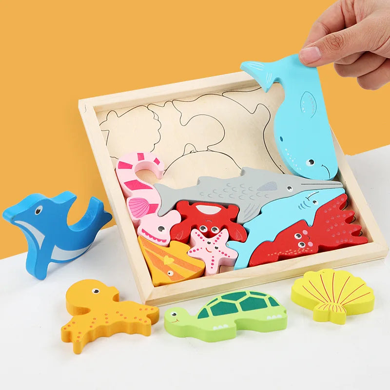 A wooden 3D puzzle board featuring colorful cartoon animals and fruit shapes for toddlers.