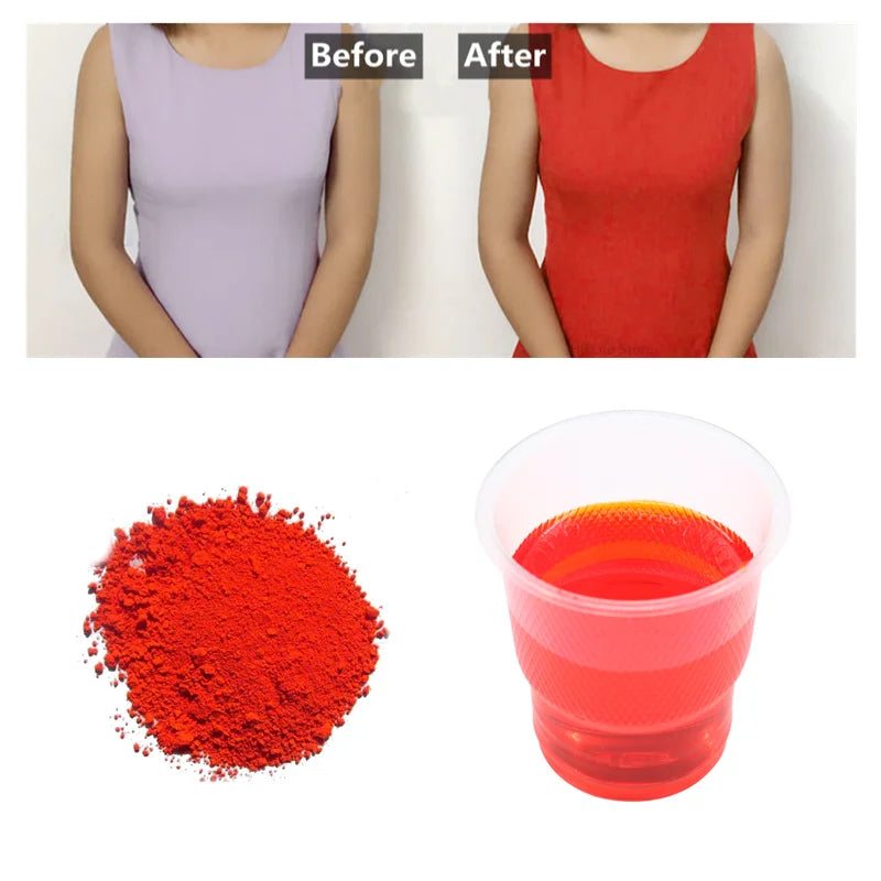 Before and after comparison of a fabric dye, showing a purple garment next to a red one and the resulting liquid color.