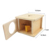 A wooden Montessori sensory toy set featuring a small house structure with an entrance hole and a side panel.