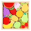 A wooden puzzle board featuring colorful 3D shapes of various fruits like watermelon, strawberries, lemons, and pears.