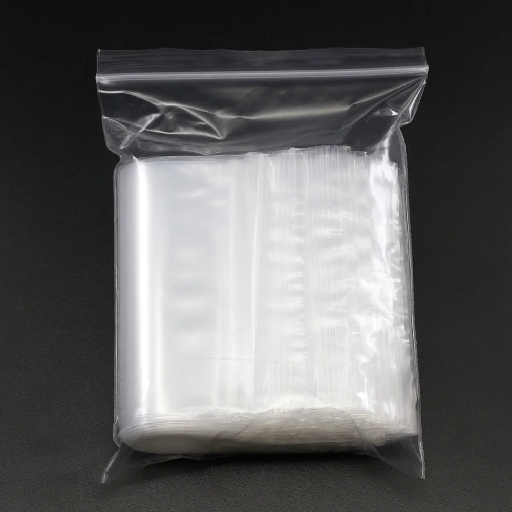 A clear resealable plastic bag filled with small, translucent white items for storage.