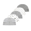 A stack of five gray and white patterned baby hats for infants.