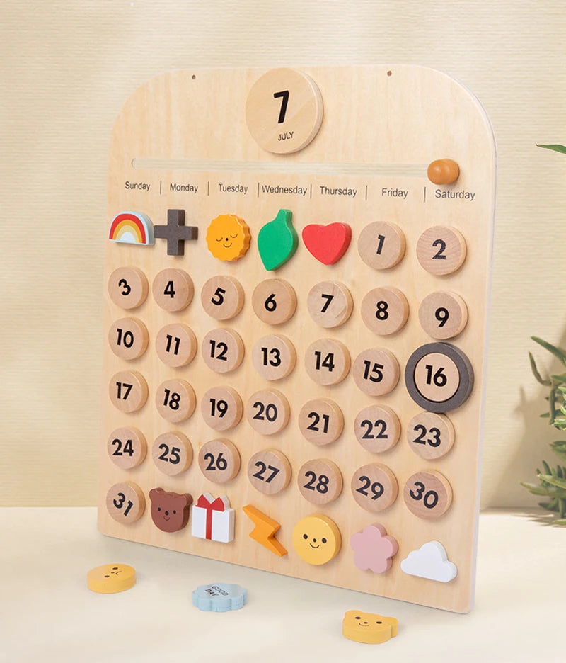 A wooden daily calendar board for kids featuring numbered days, weather icons, and activity symbols.