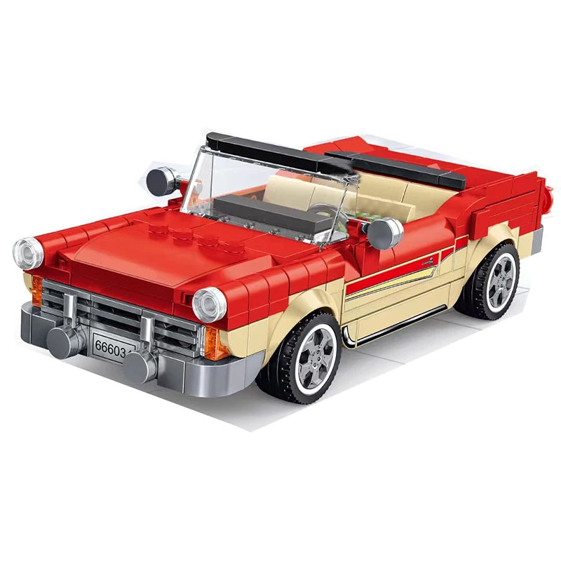 A red and gold classic rally car building block set with an open hood.