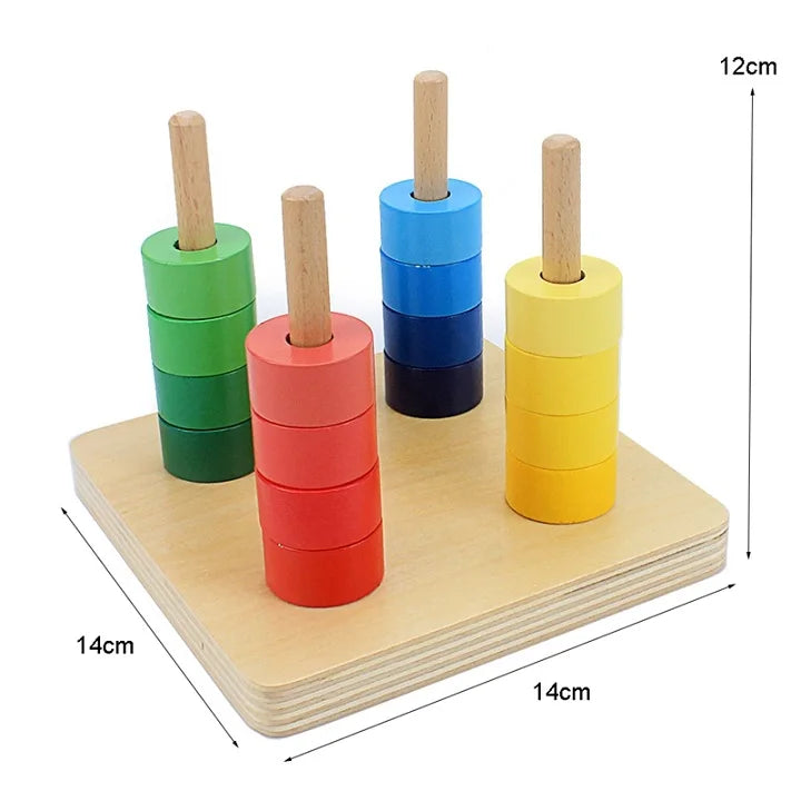 A set of wooden Montessori sensory toys featuring colorful cylindrical blocks with wooden dowels.