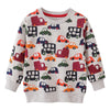 A gray kids pullover sweatshirt featuring a repeating pattern of various colored vehicles.