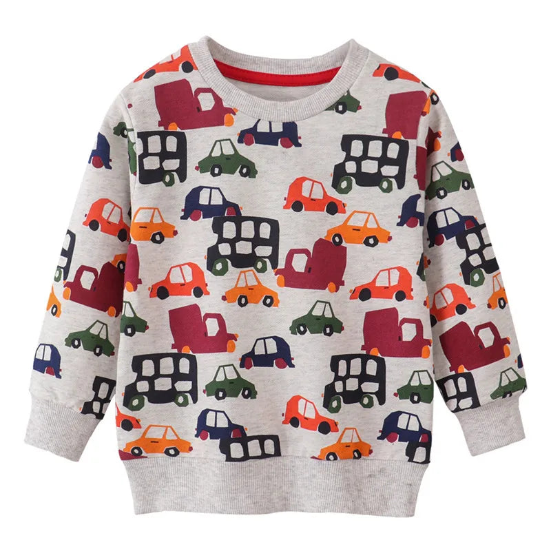 A gray kids pullover sweatshirt featuring a repeating pattern of various colored vehicles.