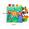 A green cloth book titled Jungly Tails featuring colorful animal figures like a lion, monkey, and elephant for baby sensory p