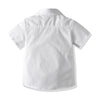 White boys' formal wedding outfit set including a shirt, shorts, and suspenders viewed from the back.