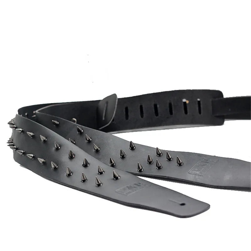 Black PU leather guitar strap with studs and buckle for acoustic and electric guitars