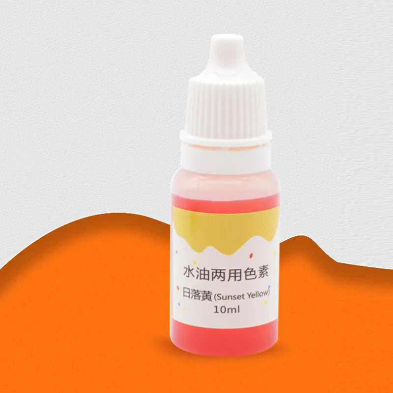 A small bottle of pink liquid soap colorant labeled Sunset Yellow for DIY projects.