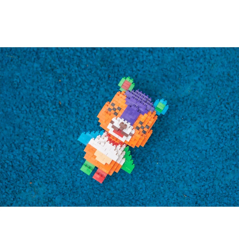 A colorful building block figure resembling a fox or animal, constructed from various colored bricks.