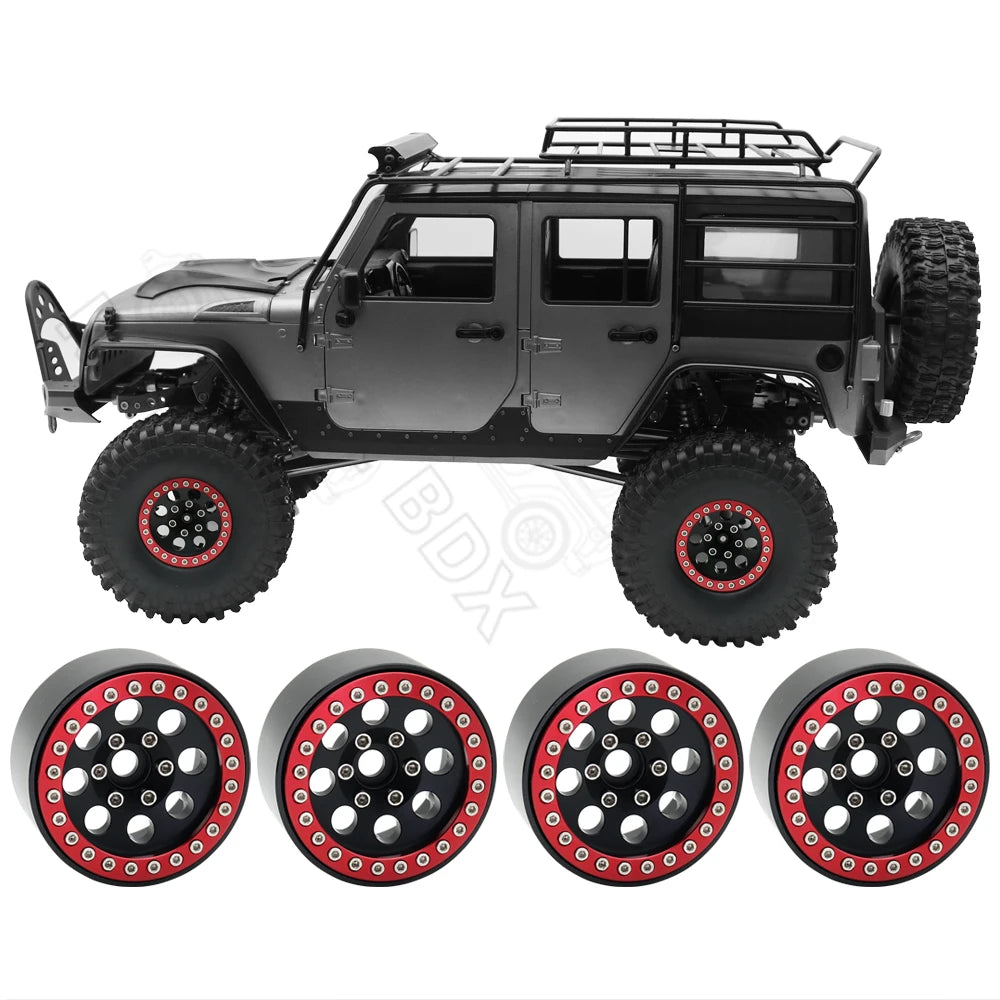 A black 1/10 RC crawler vehicle with beadlock wheels and a metal rack, shown alongside four replacement beadlock wheels.