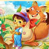 A colorful illustration of a young boy and a fox interacting in a natural outdoor setting.
