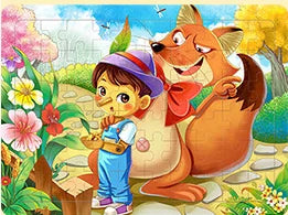 A colorful illustration of a young boy and a fox interacting in a natural outdoor setting.