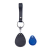 Black leather key wallet with a metal ring and a separate blue key fob