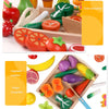 Wooden magnetic fruit and vegetable cutting play set showing various colorful fruits and vegetables.