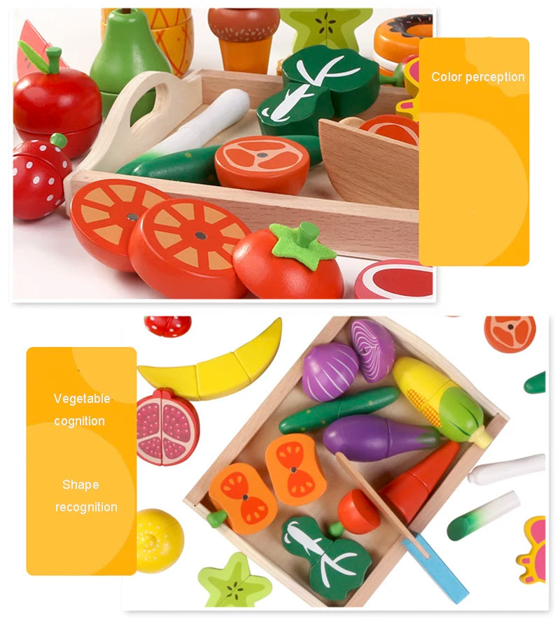 Wooden magnetic fruit and vegetable cutting play set showing various colorful fruits and vegetables.